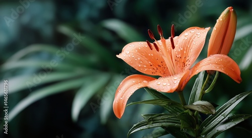 Obraz na płótnie Bright Orange Lily Flower With Water Droplets Captured in a Lush Garden Setting w salonie