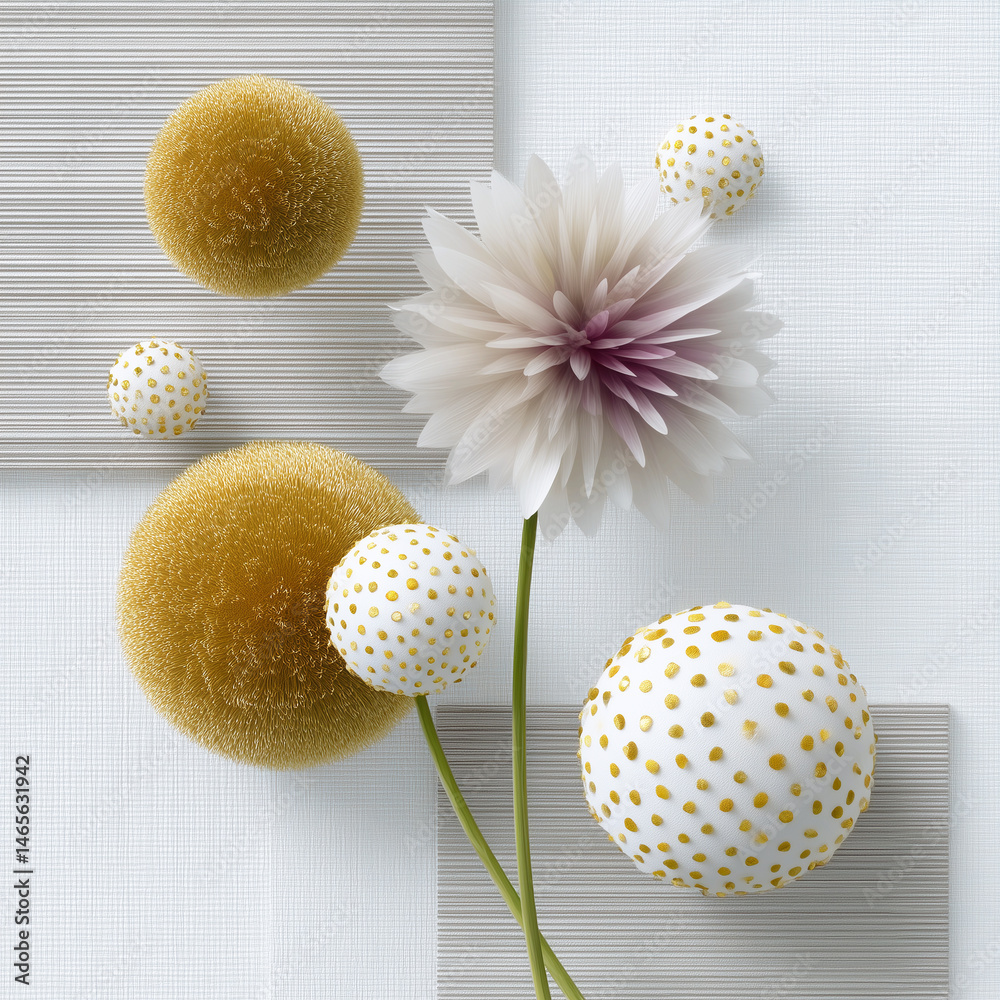 A white and gold flower arrangement with various gold