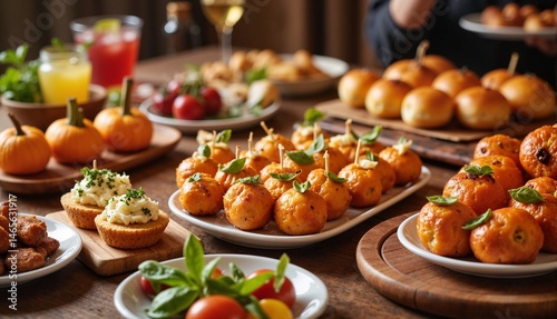 Delicious assortment of appetizers and snacks arranged on wooden tables, featuring mini pumpkin dishes, bar bites, and colorful drinks, perfect for a women's sports bar concept