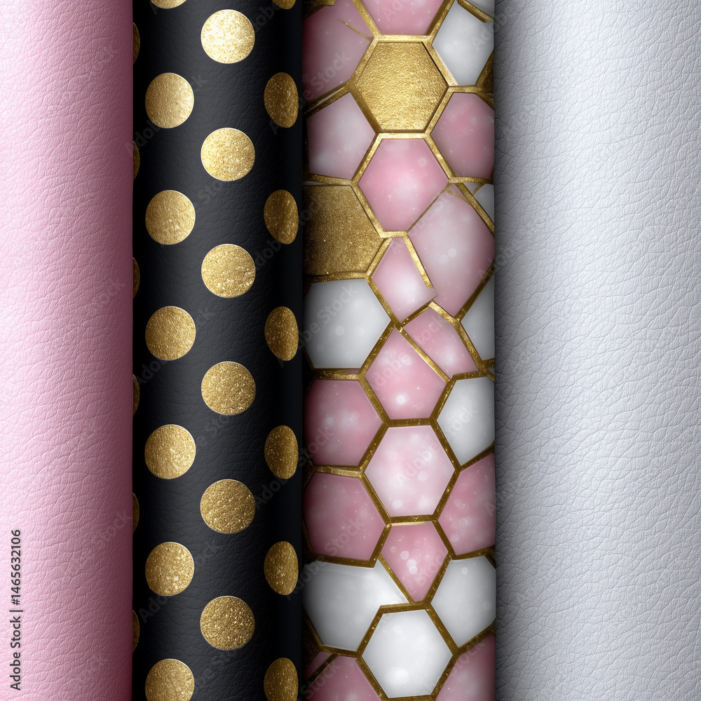 A set of four different colored papers with gold and pink designs