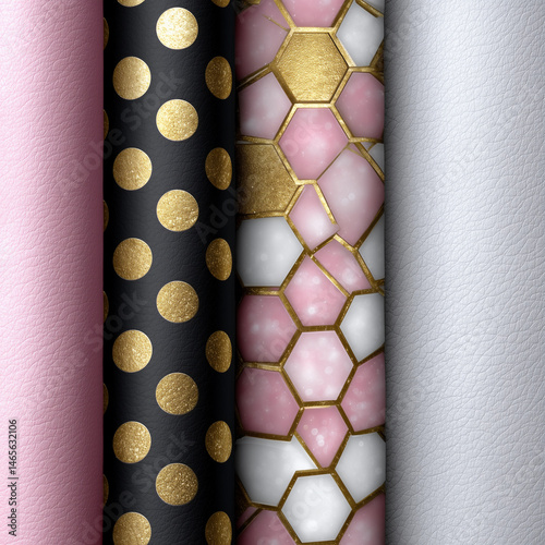 Obraz na płótnie A set of four different colored papers with gold and pink designs w salonie