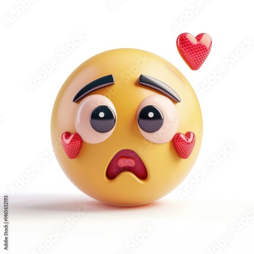 3D rendering of a blushing, surprised emoticon with hearts. photo