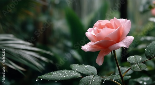 Beautiful Pink Rose Surrounded by Dew in a Lush Garden During Gentle Rain