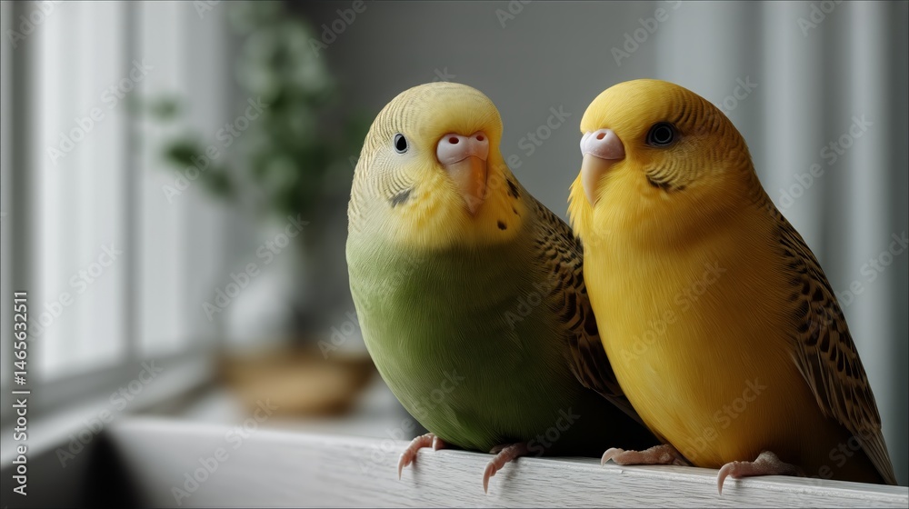 Colorful Parrots Perched Close Together in a Cozy Indoor Environment During the Afternoon