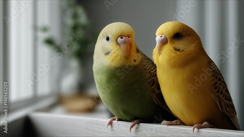 Obraz na płótnie Colorful Parrots Perched Close Together in a Cozy Indoor Environment During the Afternoon w salonie