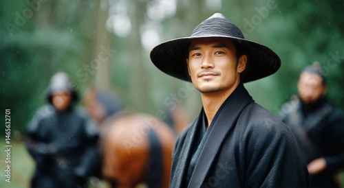 Warrior in Traditional Attire Stands Confidently in a Forest During a Rainy Day