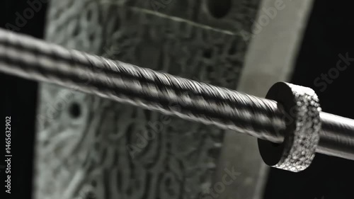 Fine strands of a violin bow pressing against a string, capturing friction in monochrome.