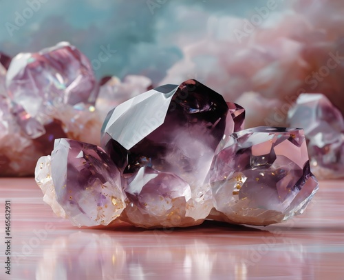 Beautiful Amethyst Crystals Sparkling Under Soft Light on a Pale Pink Background