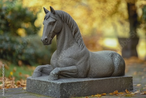 Outdoor stone sculpture of a recumbent horse. photo