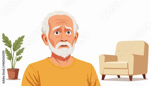 Worried elderly man expressing concern in minimalist living room, simplicity