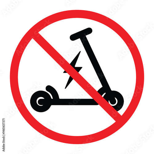 No electric scooter allowed red sign symbol prohibition. No scooter sign icon islated on white background. Riding on scooters is prohibited. Warning red round sign. The sticker. Vector illustration