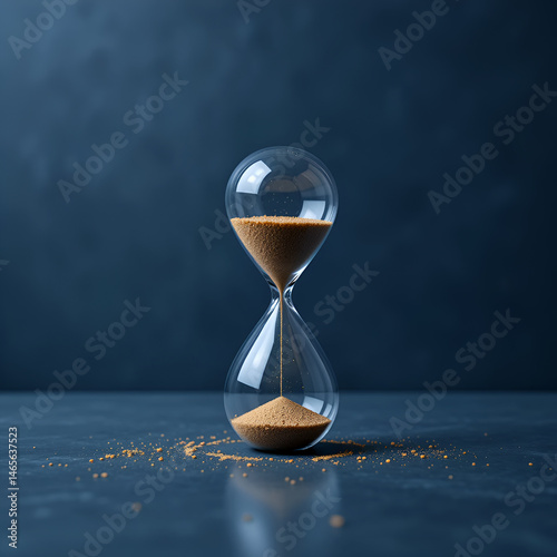 Hourglass with Golden Sand on Dark Blue Background