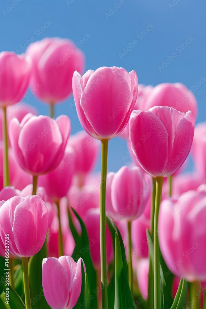Obraz premium Vibrant Pink Tulips Bloom Under Clear Blue Sky in Spring Garden Filled With Color
