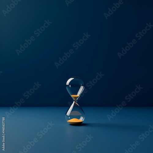 Hourglass with Golden Sand on Dark Blue Background