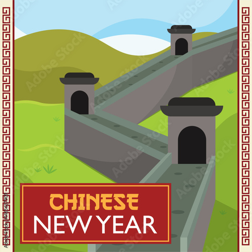 Great wall with hills view. Vector