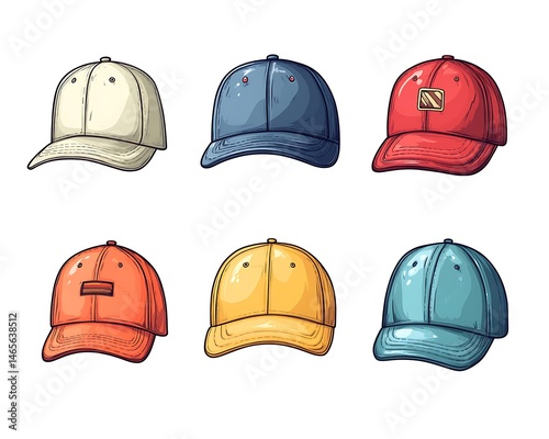 Colorful baseball caps, various designs, displayed together.