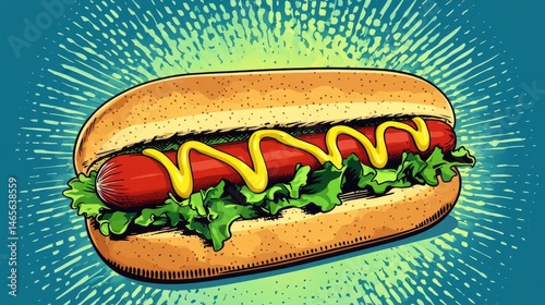 This modern illustration, created in a pop art retro style, showcases a hot dog as a representation of fast food culture, complete with a sausage in a bun and a serving of mustard, highlighting the