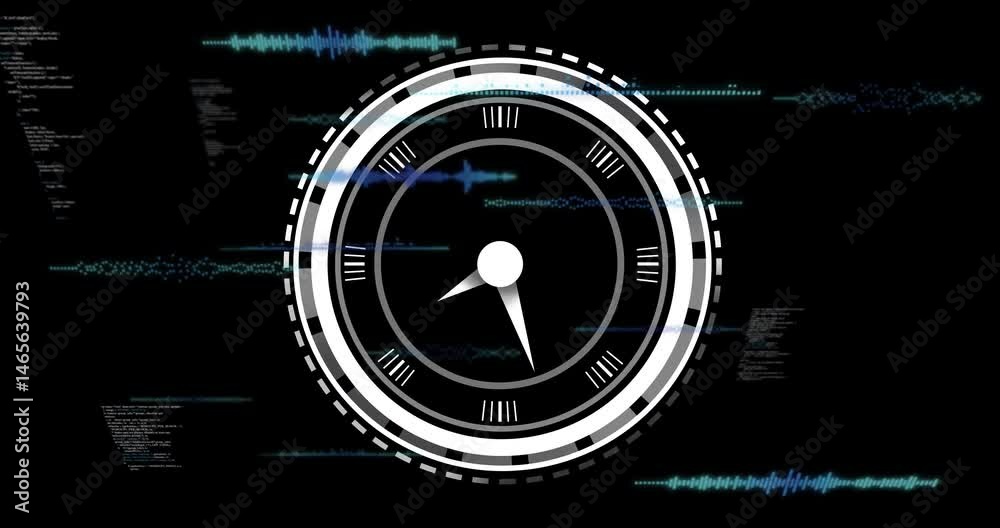 Futuristic circular gauge rotating, displaying drifting code text and teal waveforms in flat design