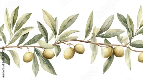 A green olive branch with leaves is set against a seamless pattern of olives, an element deeply rooted in Italian and Greek cuisine, and is frequently utilized in graphic design for various