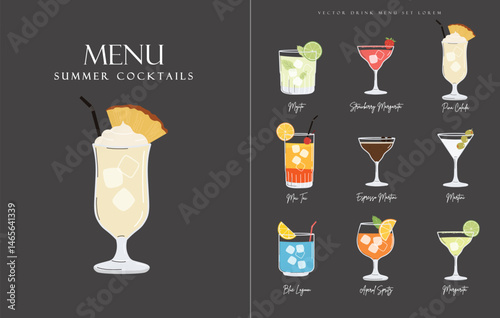 Summer restaurant cocktails menu. Black minimalist design. Season beverage illustration
