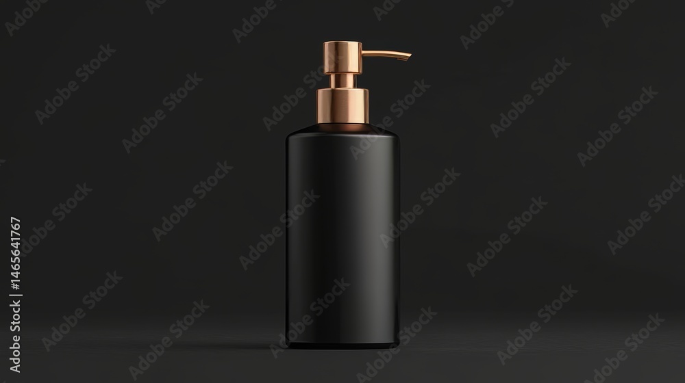 A black plastic bottle featuring a golden clip cap is presented in a modern isolated 3D mockup template, suitable for containing shampoo, shower gel, body lotion, or skincare products such as facial A black plastic bottle featuring a golden clip cap is presented in a modern isolated 3D mockup template, suitable for containing shampoo, shower gel, body lotion, or skincare products such as facial