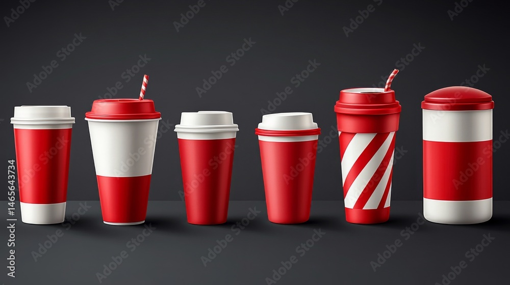 Modern illustration presents a set of realistic blank templates for thermo cups in the colors red, white, and silver, complete with a 3D travel mug and thermos suitable for hot drinks, all isolated Modern illustration presents a set of realistic blank templates for thermo cups in the colors red, white, and silver, complete with a 3D travel mug and thermos suitable for hot drinks, all isolated