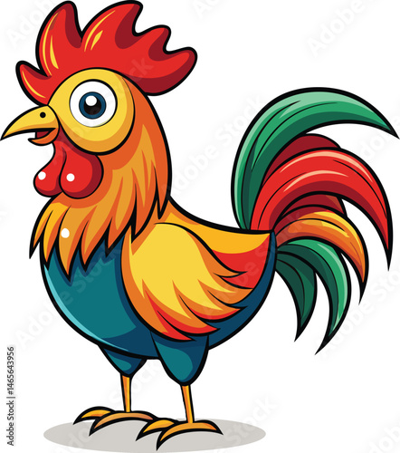 Colorful Cartoon Rooster Vector with Exaggerated Features.