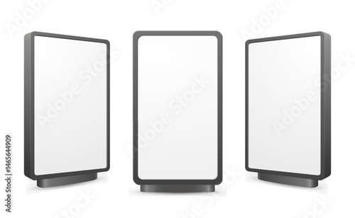 Black banner stand. Advertising billboard, promotional poster mockup, empty info stand template exhibition or conference presentation vector set