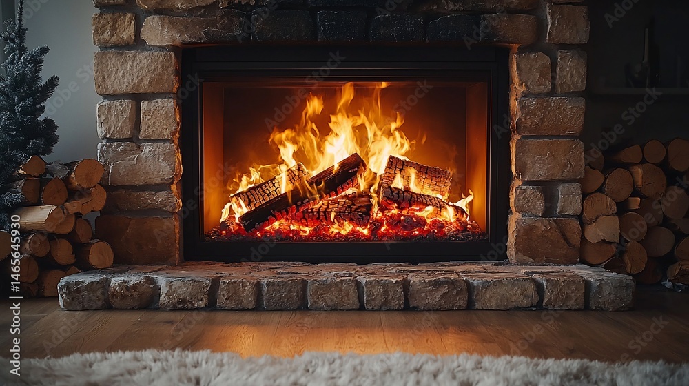 Obraz premium Cozy fireplace, warm flames, stacked wood