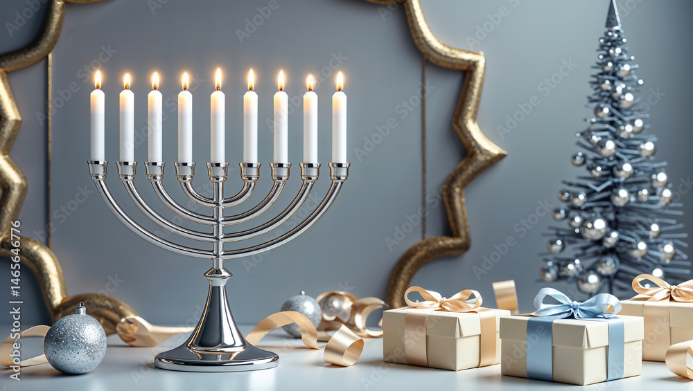 hannukan menohannukan menorah lamp, gift boxes, christmas treerah lamp, gift boxes, christmas tree