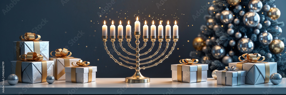 hannukan menohannukan menorah lamp, gift boxes, christmas treerah lamp, gift boxes, christmas tree