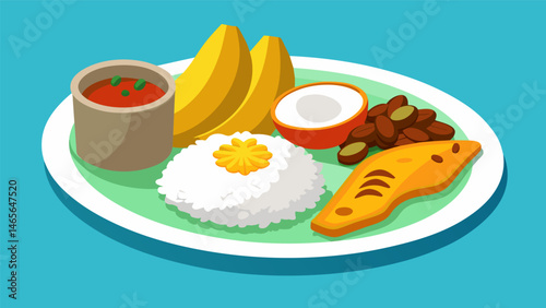 A traditional casado meal with a generous portion of crispy fried pork flavorful rice and beans and a side of crispy fried plantains.. Vector illustration