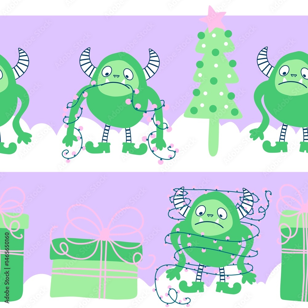 Fototapeta premium Winter monsters seamless Christmas yeti pattern for wrapping paper and fabrics