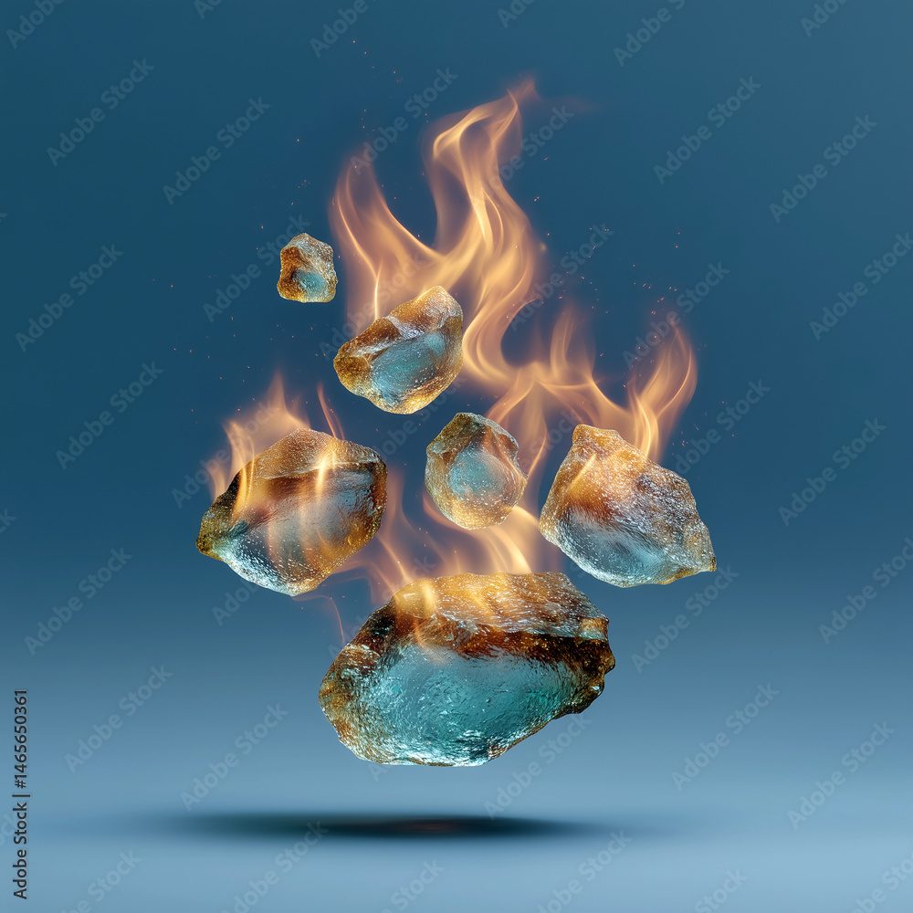 A close up of a fire with ice cubes in the middle