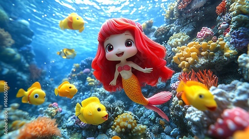 Underwater scene featuring a cheerful mermaid and colorful fish.
