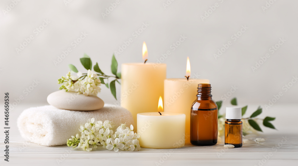 Serene spa setup features lit candles, essential oils, flowers, stones, and a rolled towel creating peace. Serene spa setup features lit candles, essential oils, flowers, stones, and a rolled towel creating peace.