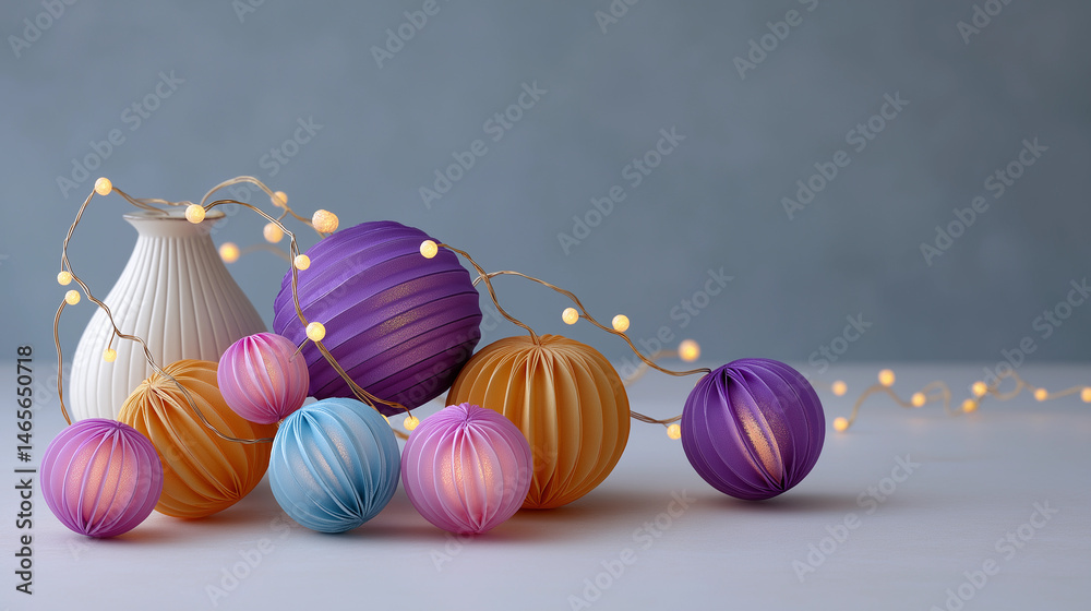 A white vase with a string of lights is on a table with a bunch of paper lantern