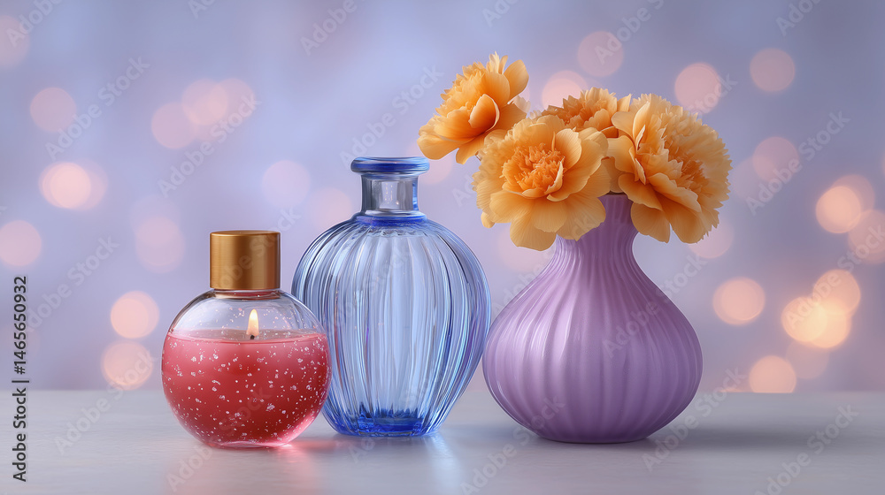 A blue vase with a candle in it sits next to two other vases