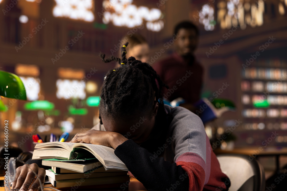 African american pupil sleeping on her books pile after a long night of studying, struggling to finish college and pass exams. Fatigued sleep deprived student resting in the library due to overload.