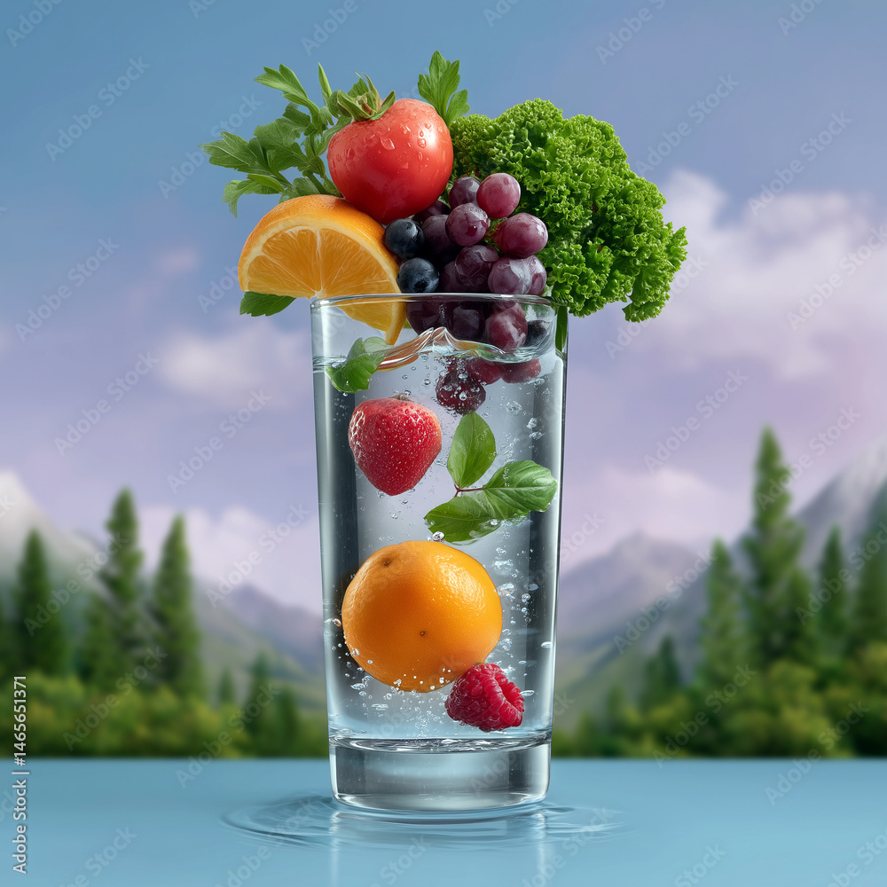 A glass filled with fruit and water, with a mountain range in the background