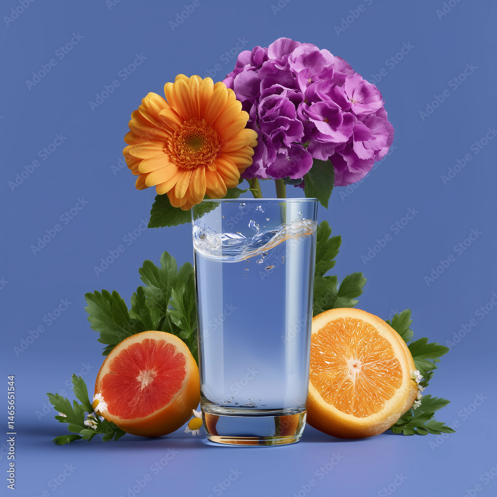 A glass of water with a slice of orange and a purple flower in front of it