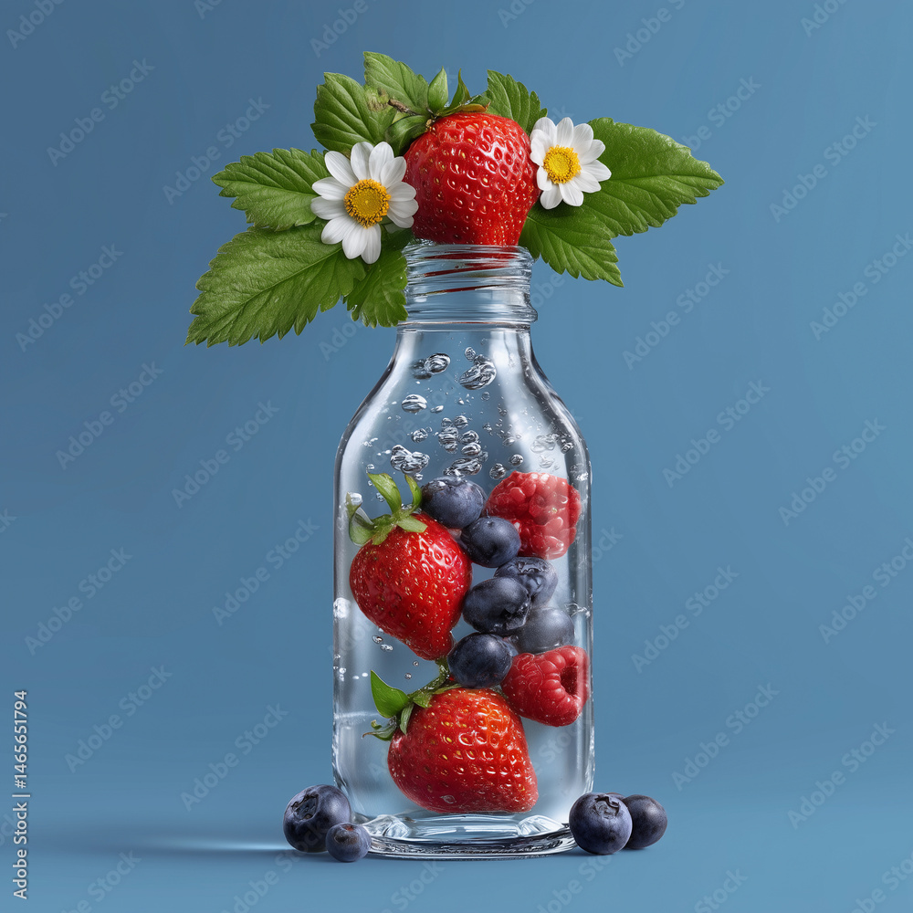 A glass bottle filled with strawberries, blueberries, and raspberries
