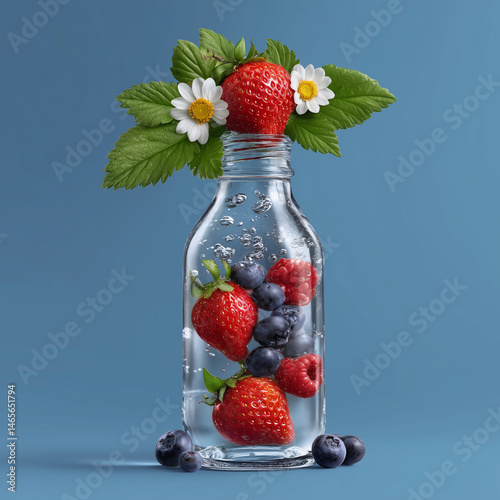 Obraz na płótnie A glass bottle filled with strawberries, blueberries, and raspberries w salonie
