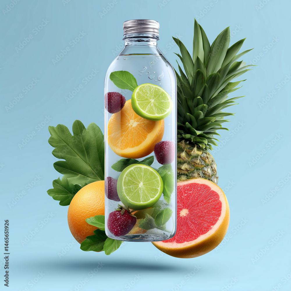 A bottle of water with a variety of fruits in it