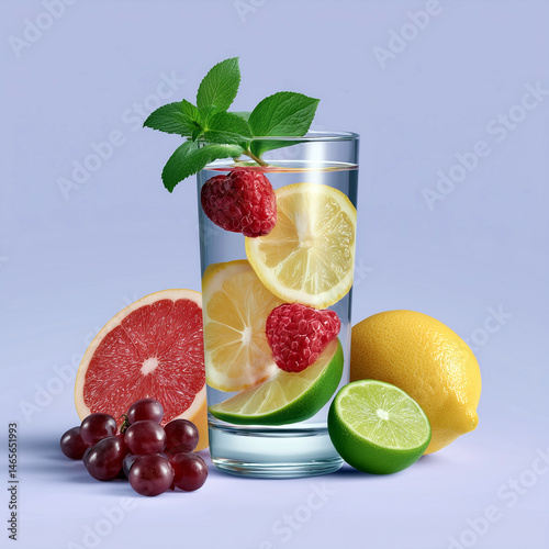 Obraz na płótnie A glass of fruit juice with a slice of lemon, lime, and grapefruit w salonie