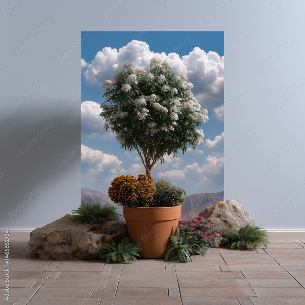 A large tree is in a pot and is surrounded by rocks