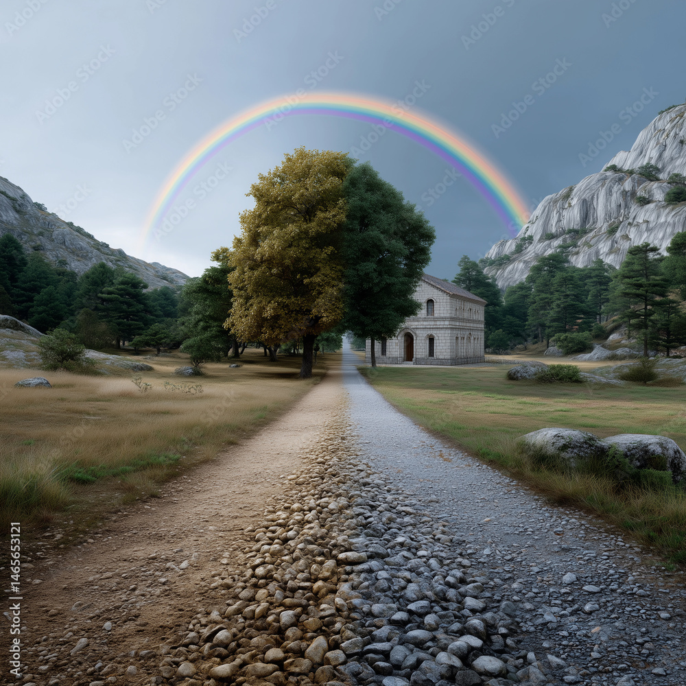 A rainbow is above a road that is lined with rocks