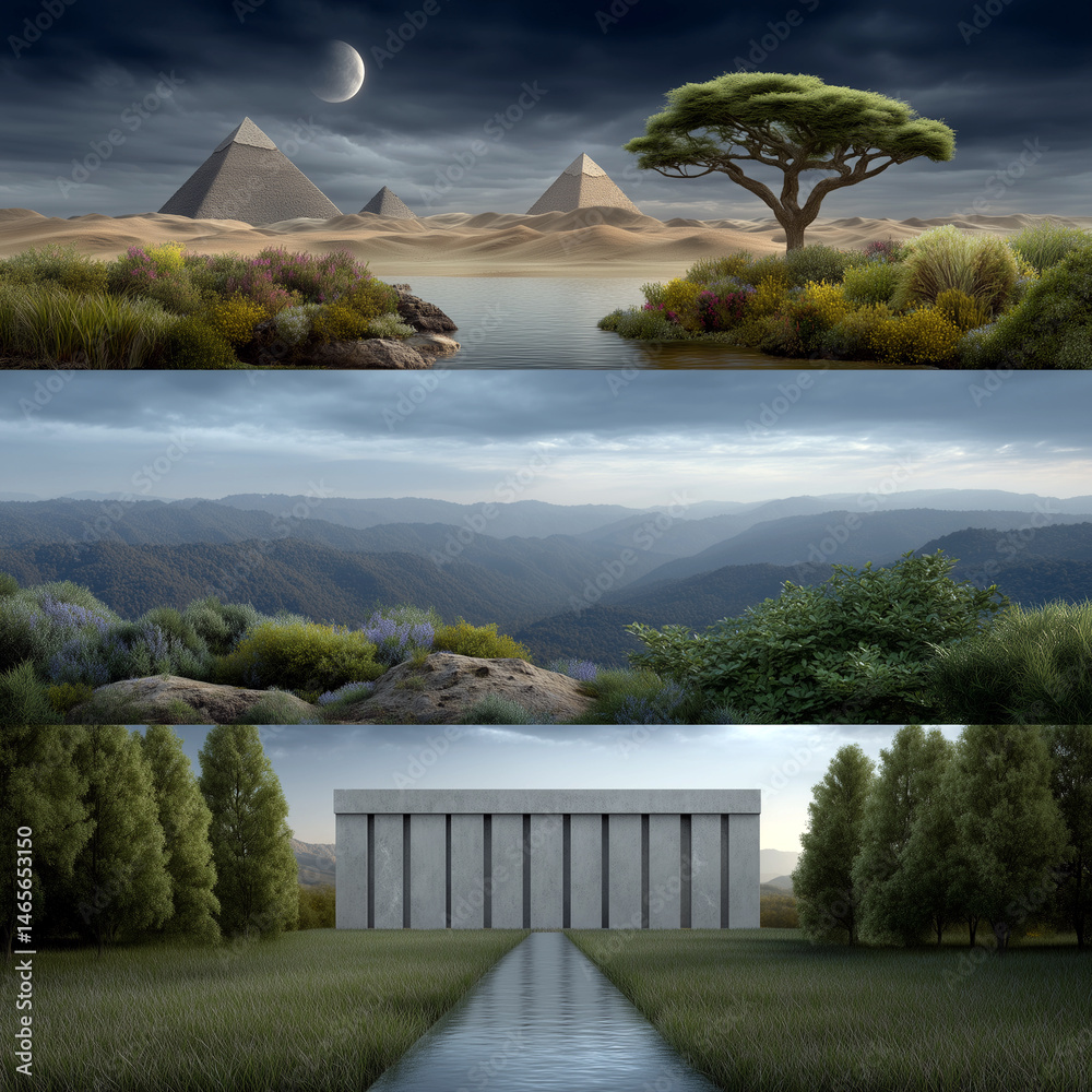 A series of three images of a desert landscape with a pyramid, a tree