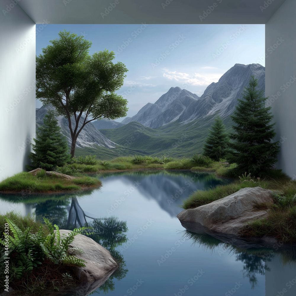 A mountain range is reflected in a body of water