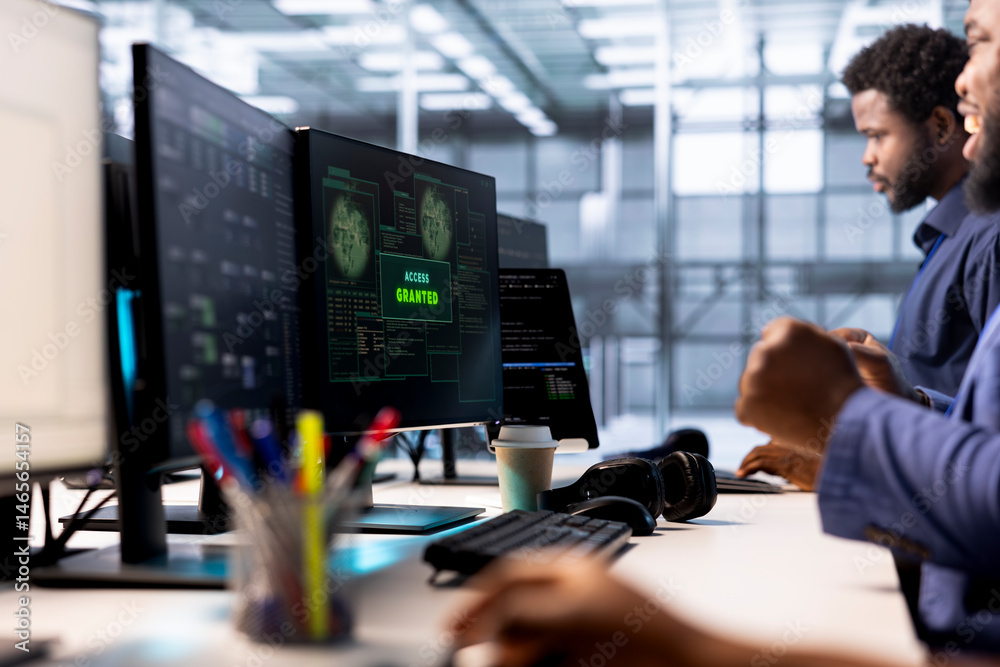 Developer receiving access granted notification while reconfiguring server farm, optimizing it. Worker ensures data center operates efficiently, happy after successfully eliminating all errors